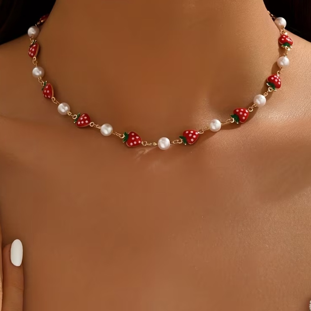 NEW Strawberry Pearl Pendant Charm Gold Necklace